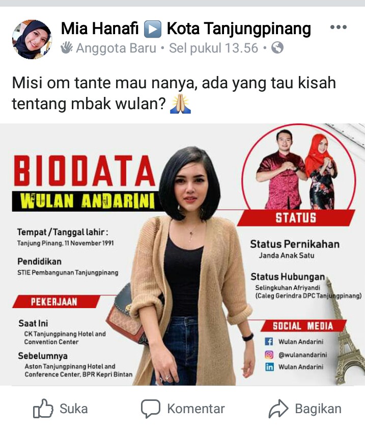 Salah satu postingan yang dilaporkan Wulan