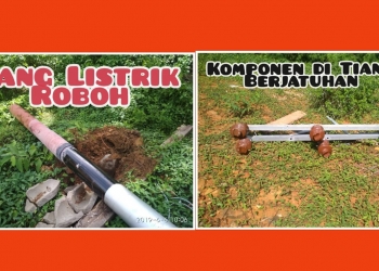 Tiang Listrik Baru Dipasang Sudah Tumbang Yang Lain Miring, Komponen di Tiang Berjatuhan, Membahayakan Masyarakat
