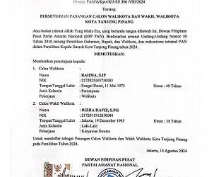 Terima SK, Rahma-Rizha Resmi Didukung PAN di Pilkada Tanjungpinang 2024
