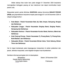BMKG Keluarkan Peringatan Dini Banjir Rob di Kepri, Ini Wilayah Terdampak