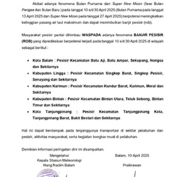 BMKG Keluarkan Peringatan Banjir Rob 10-30 April di Pesisir Kepri, Ini Wilayahnya
