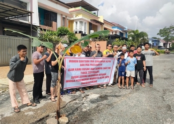 Warga Perum Mahkota Alam Raya Lakukan Aksi Penanaman Pohong Pisang di Badan Jalan yang Berlubang